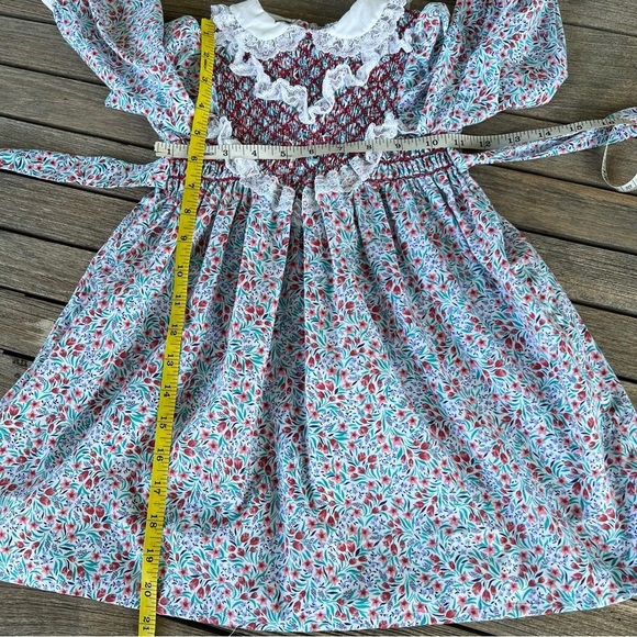 Vtg Polly Flinders Delicate Floral Long Sleeve Dress Diamond  Smocked Lace Sz 3T - Picture 12 of 15